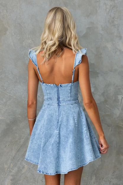 Women Denim Mini Dress Ruffle Sleeveless Blue Jean Dress