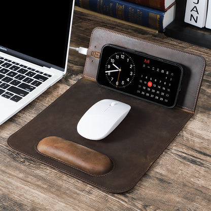 Large leather desk mat with wireless charging