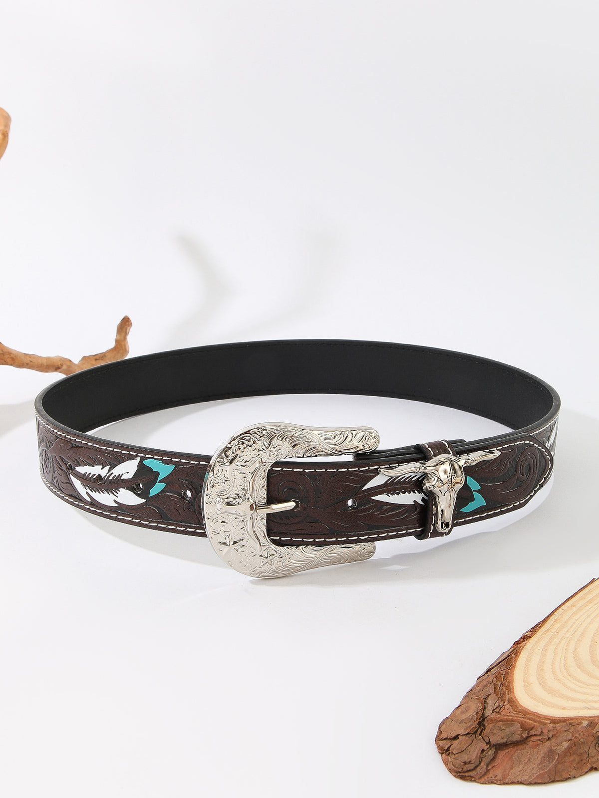 Women’s Western Faux Leather Belt with Ornate Cowgirl Buckle