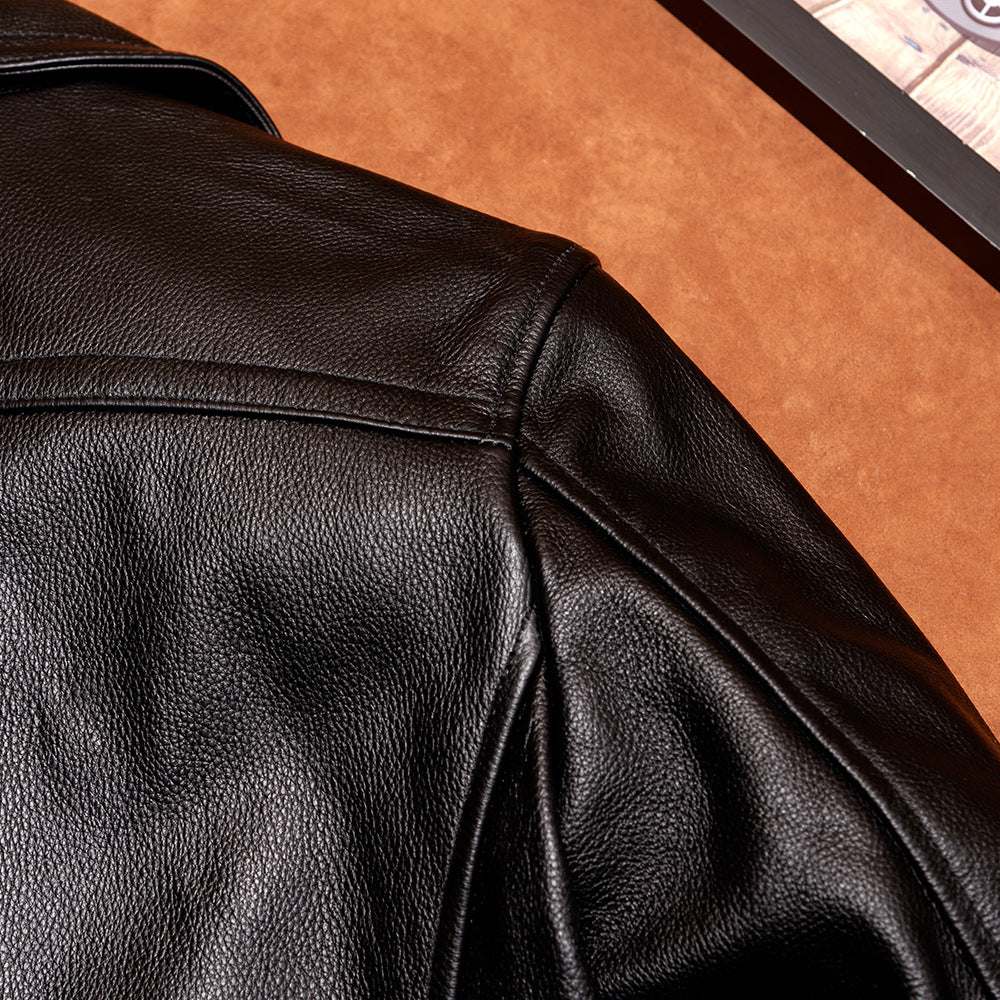 Plus size double-breasted mid-length leather jacket