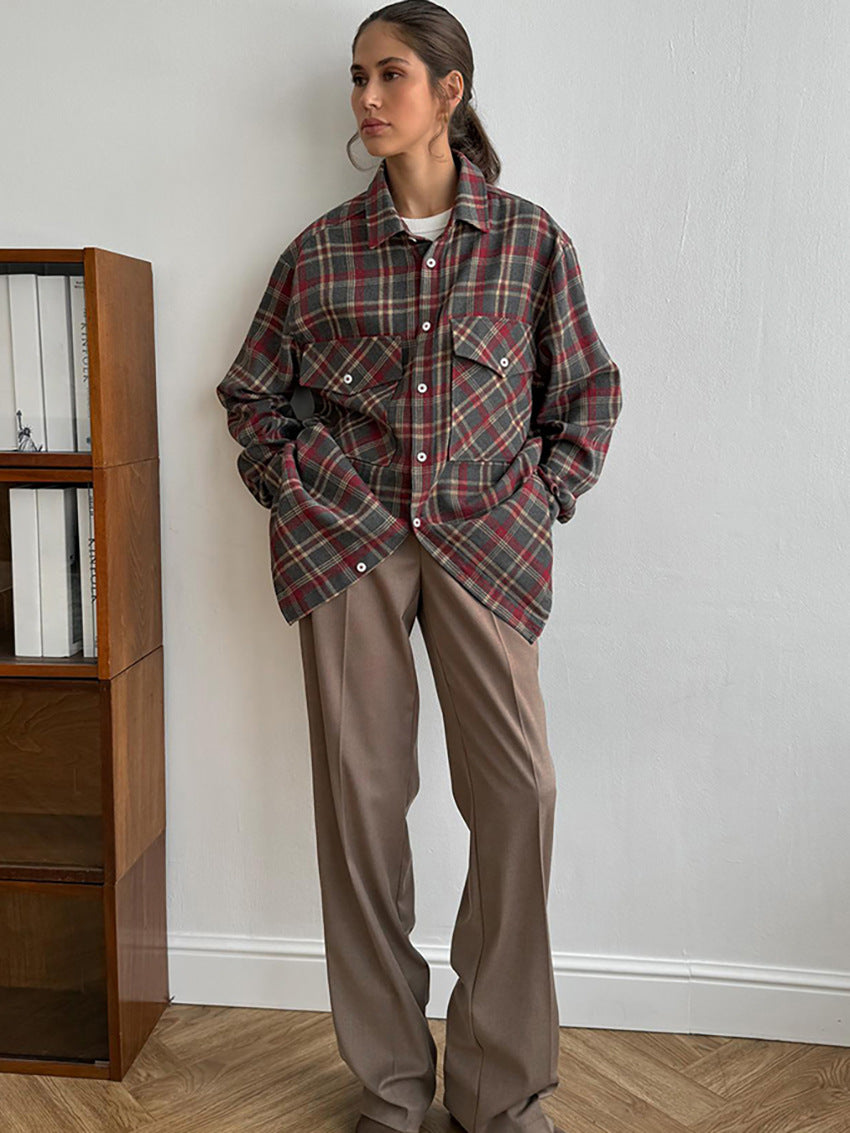 Women plaid long sleeve flannel shirt