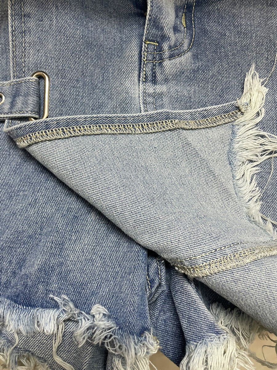 Asymmetrical denim mini skort with frayed hem