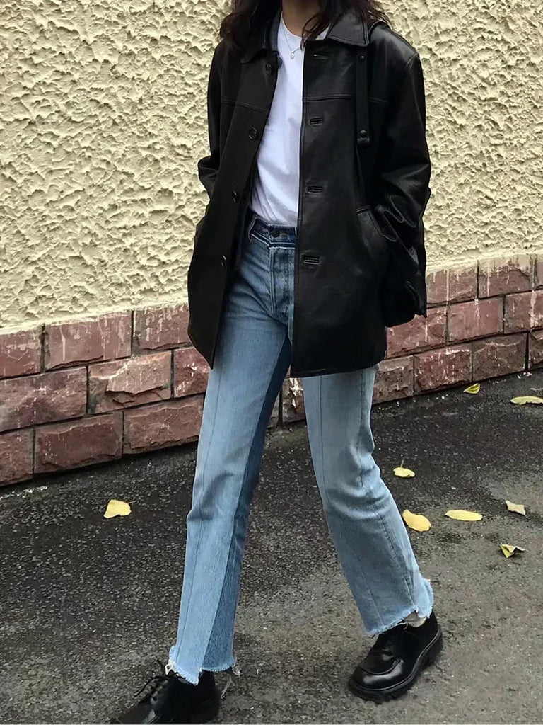 Women Genuine Leather Jacket Oversized Mid-Length Bomber Coat