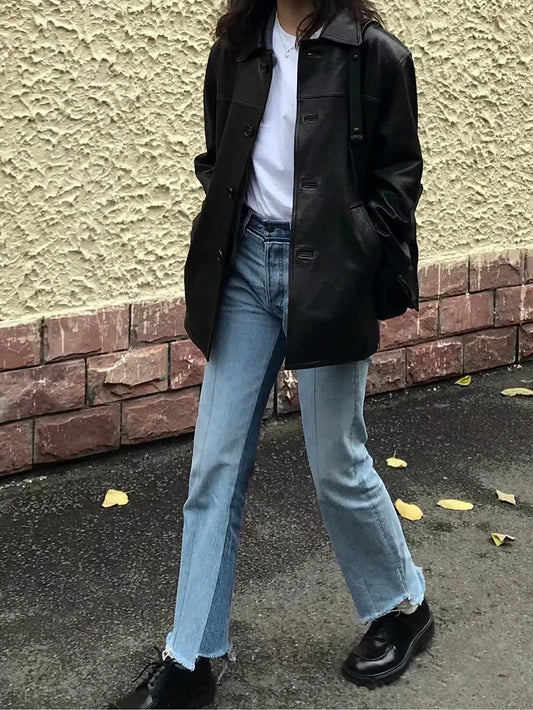 Women Genuine Leather Jacket Oversized Mid-Length Bomber Coat