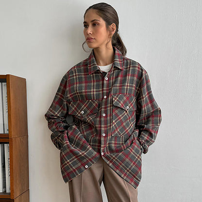 Women plaid long sleeve flannel shirt