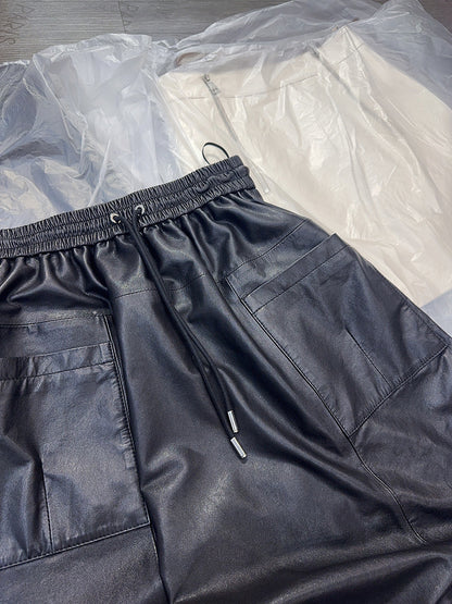 Women Leather Skirt Mid-Length with Pockets & Elastic Waist