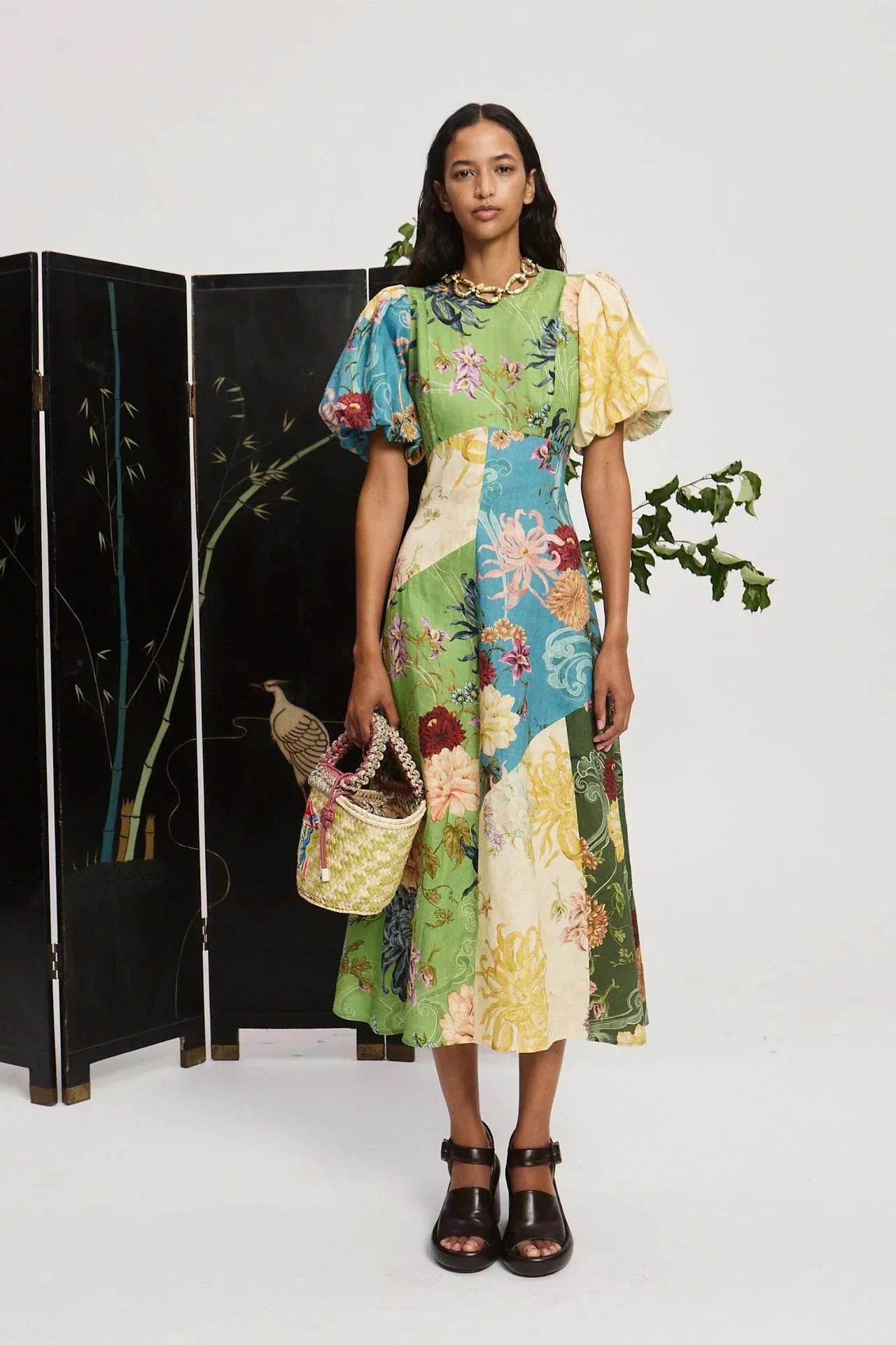 Floral patchwork linen women summer dress