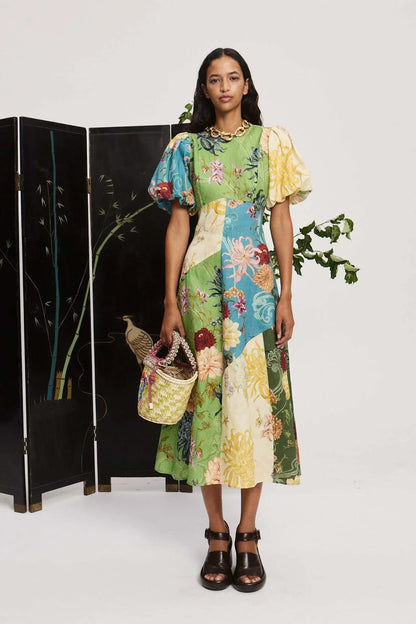 Floral patchwork linen women summer dress