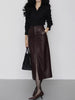 High Waisted A-Line Leather Midi Skirt with Front Slit