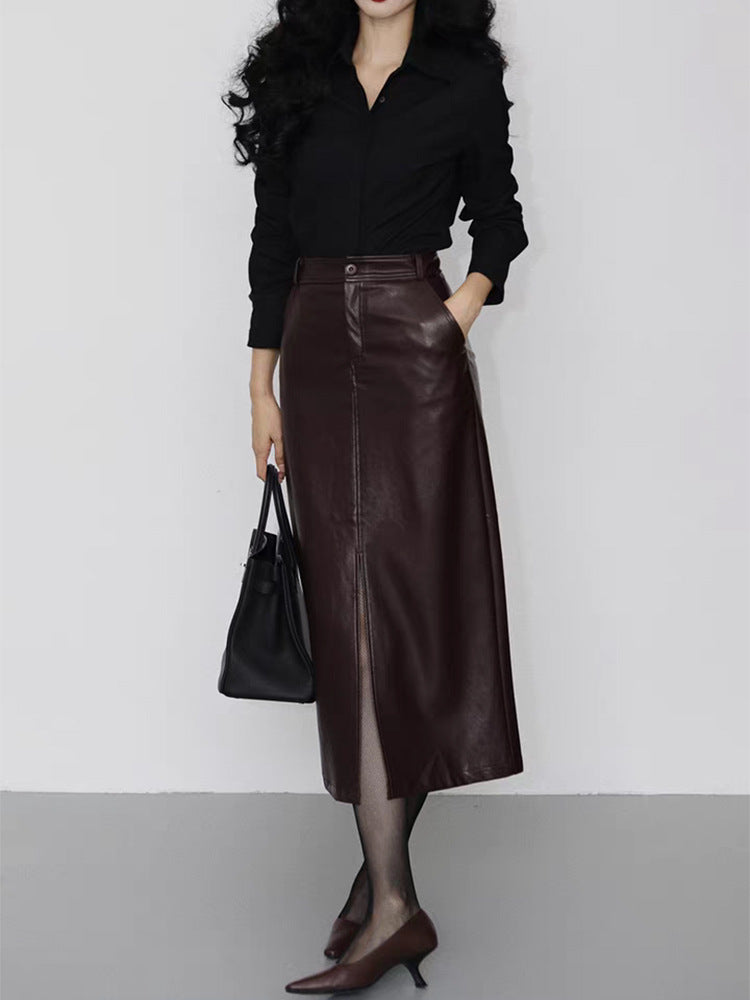 High Waisted A-Line Leather Midi Skirt with Front Slit