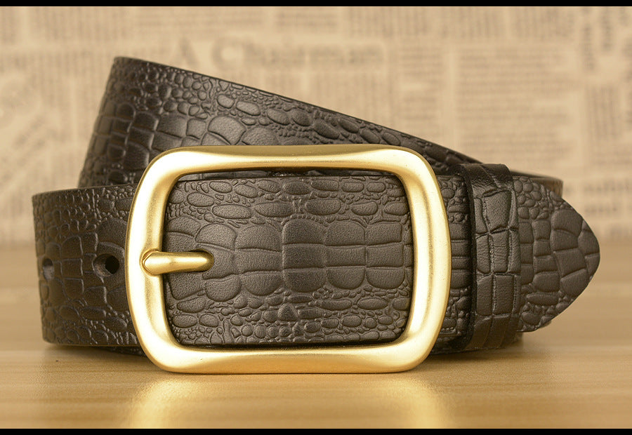 Men Leather Belt with Copper Buckle Crocodile Pattern