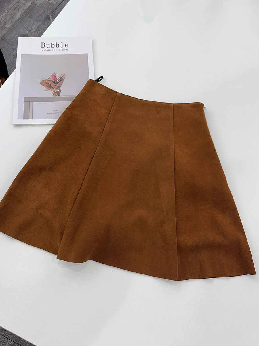 High-Waisted Suede Skirt with Gold Button Detail