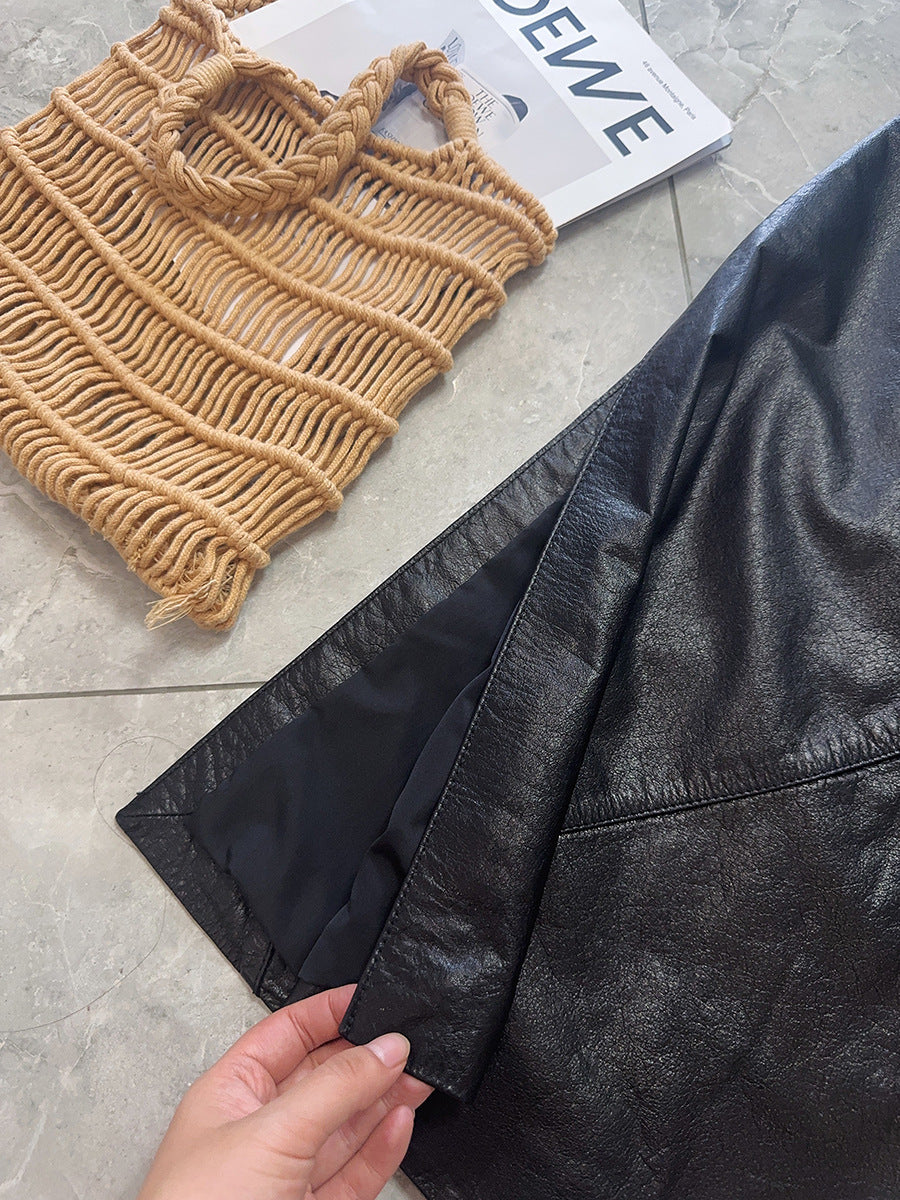 Women’s Genuine Leather High Waist Midi Skirt with Slit