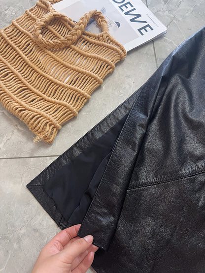 Women’s Genuine Leather High Waist Midi Skirt with Slit