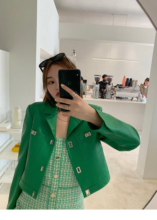 Women Leather Cropped Jacket Green Short Sheepskin Coat