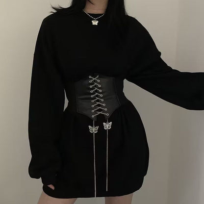 Black Butterfly Chain Faux Leather Elastic Waist Belt