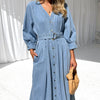 Denim Long Dress Women Button Front Belted V Neck Midi