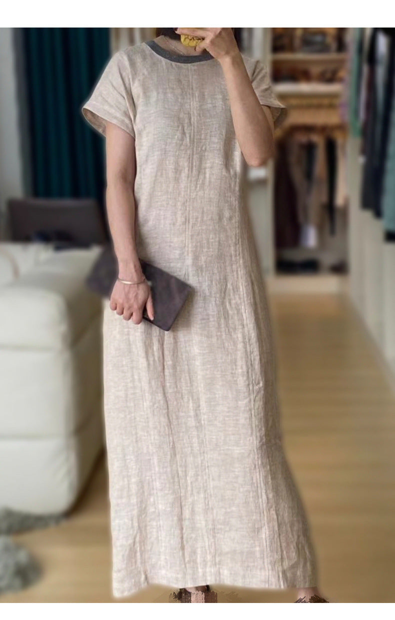 Apricot linen embroidered midi dress v neck summer flowy fit