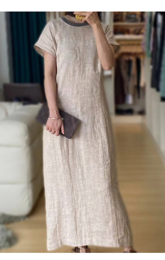 Apricot linen embroidered midi dress v neck summer flowy fit