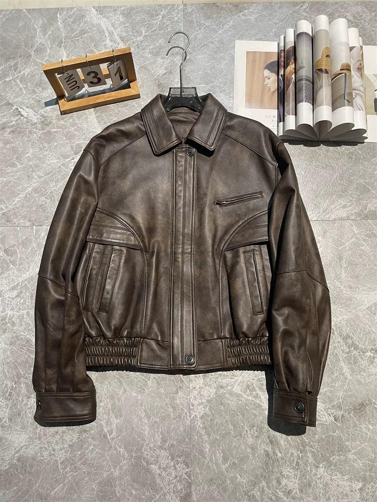 Brown sheepskin leather flight jacket with dropped shoulder