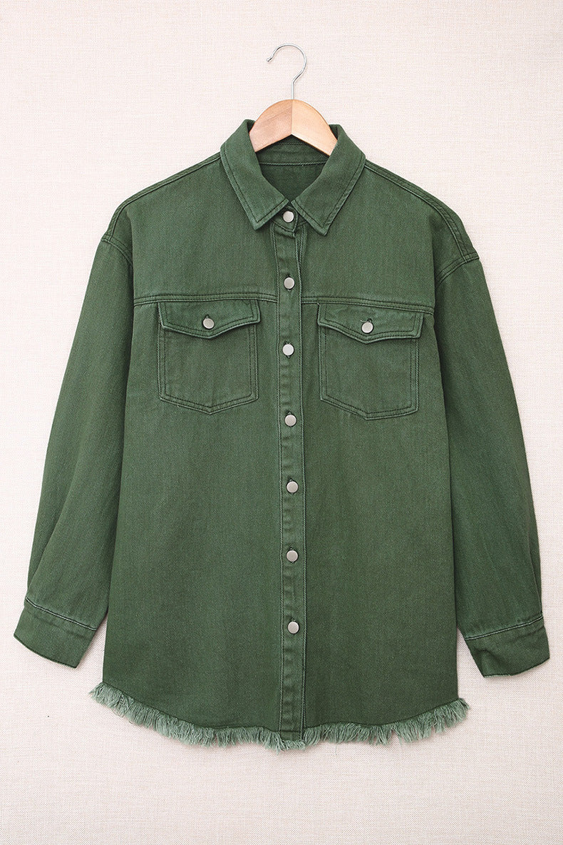 Oversized Lightweight Denim Shirt Jacket With Frayed Hem