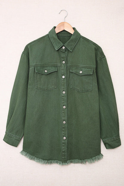 Oversized Lightweight Denim Shirt Jacket With Frayed Hem