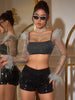 Diamond mesh top women rhinestone sheer long sleeve party