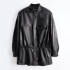 Women’s Leather Moto Trench Coat with Waist Cinch and Buckle Collar