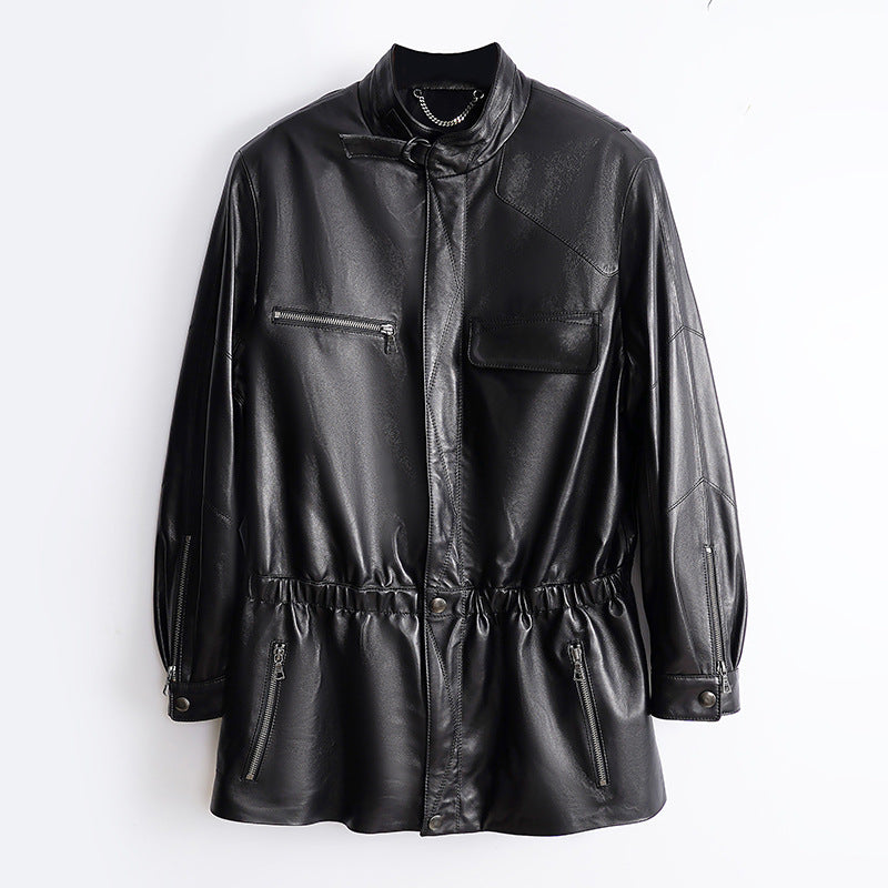 Women’s Leather Moto Trench Coat with Waist Cinch and Buckle Collar