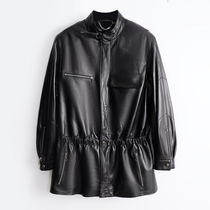 Women’s Leather Moto Trench Coat with Waist Cinch and Buckle Collar