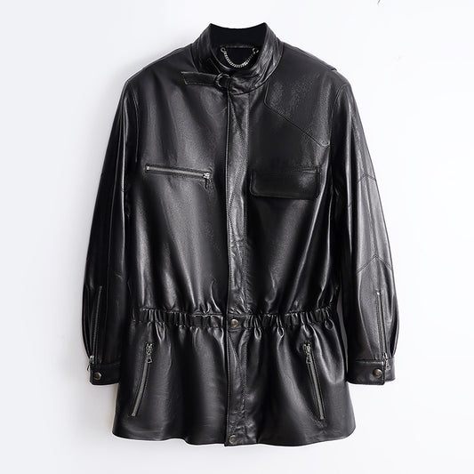 Women’s Leather Moto Trench Coat with Waist Cinch and Buckle Collar
