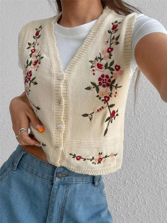 Embroidered Knitted Sweater Women’s Vest Floral Button Front Crop