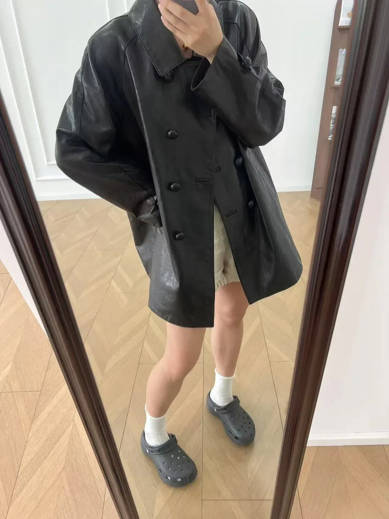 Women’s Leather Double-Breasted Oversized Jacket