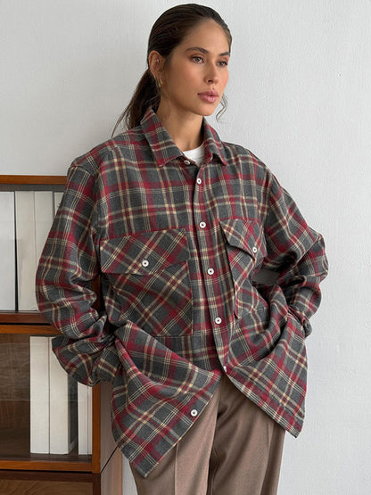 Women plaid long sleeve flannel shirt