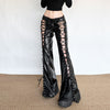 Flared faux leather pants lace up
