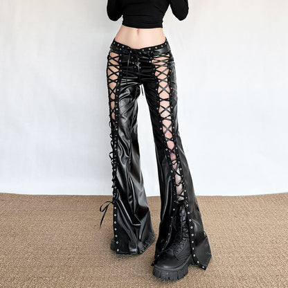 Flared faux leather pants lace up