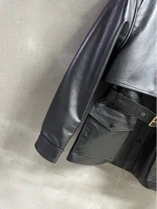 Moto Bomber Women Leather Jacket with Belted Waist