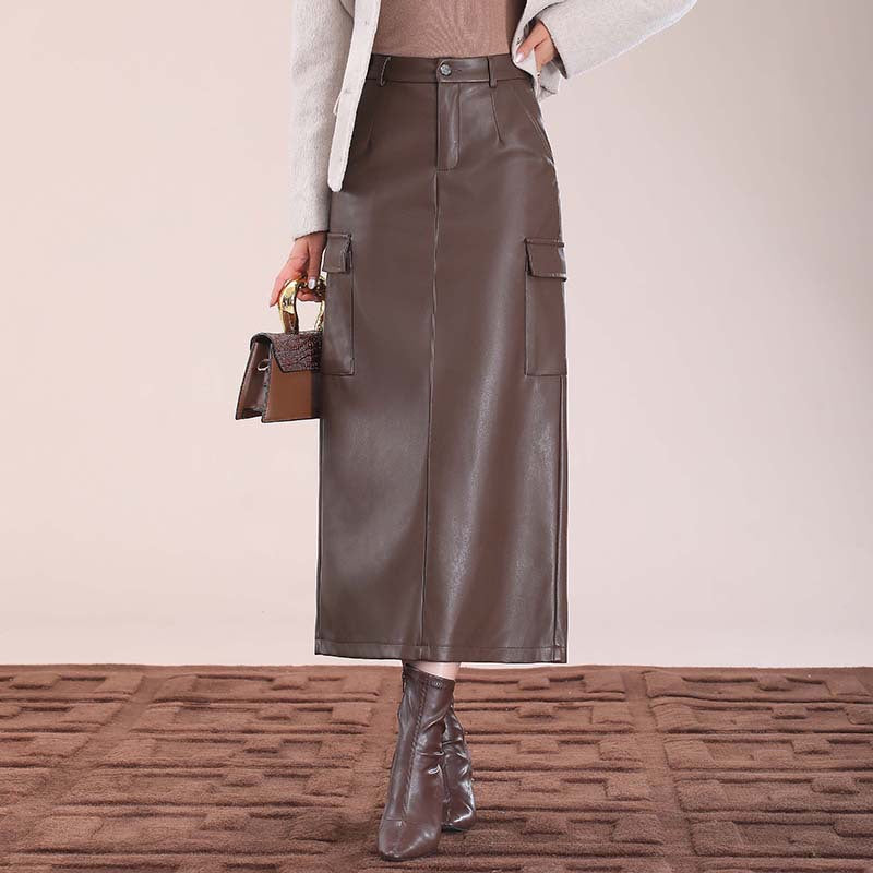 Flap Pocket Split Thigh Imitation Leather Skirt