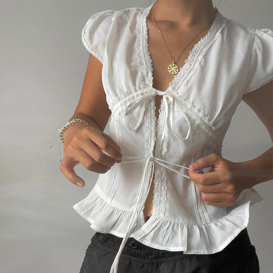 bow tie puff sleeve shirts for women