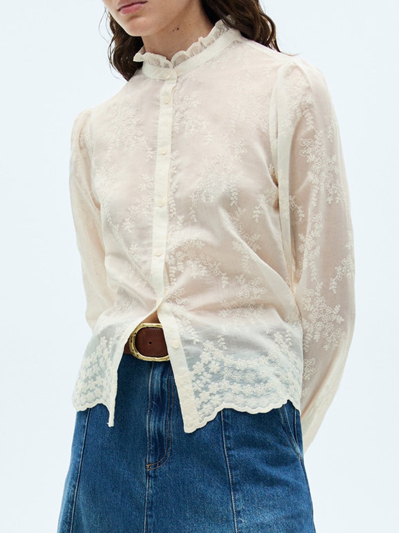 Plain Lace Spliced Puff Sleeve Blouse