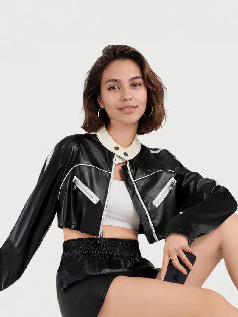 Black Cropped Faux Leather Moto Biker Jacket