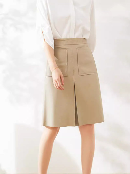 Genuine leather high waist pleated midi skirt