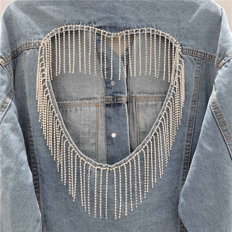 Bride Heart Cutout Denim Jacket with Rhinestone Fringe
