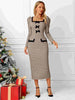 Plaid Midi Long Sleeve Dress with Bows and Square Neckline
