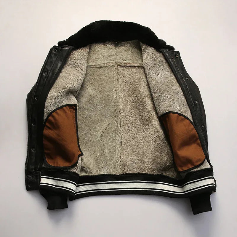 Men’s Black Leather Bomber Jacket with Real Shearling Collar