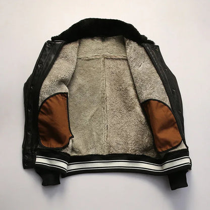 Men’s Black Leather Bomber Jacket with Real Shearling Collar