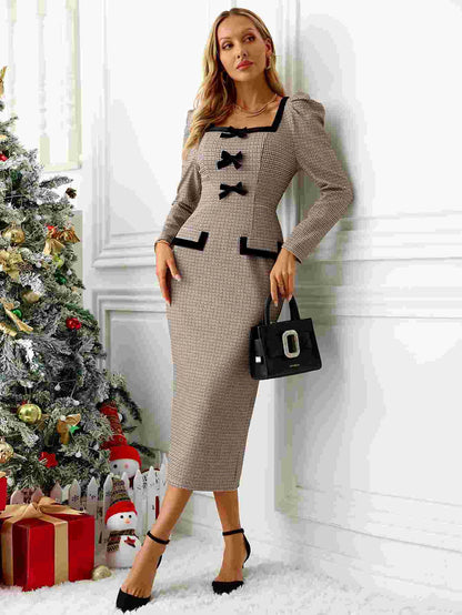 Plaid Midi Long Sleeve Dress with Bows and Square Neckline