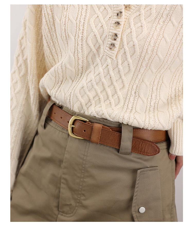 Women’s Brown Leather Belt with Top-Grain Cowhide Brass Buckle