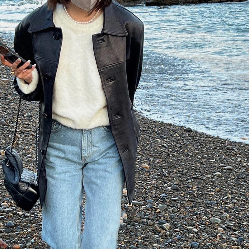 Women Genuine Leather Jacket Oversized Mid-Length Bomber Coat