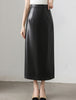 Brown PU Leather High Waist Midi Skirt with Back Slit